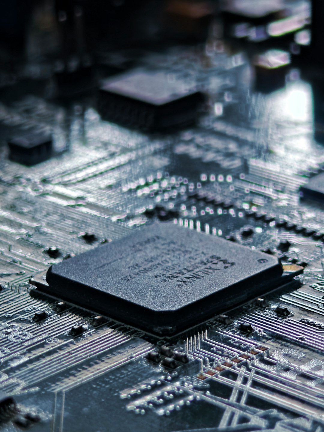 Close-up of a semiconductor chip on a circuit board