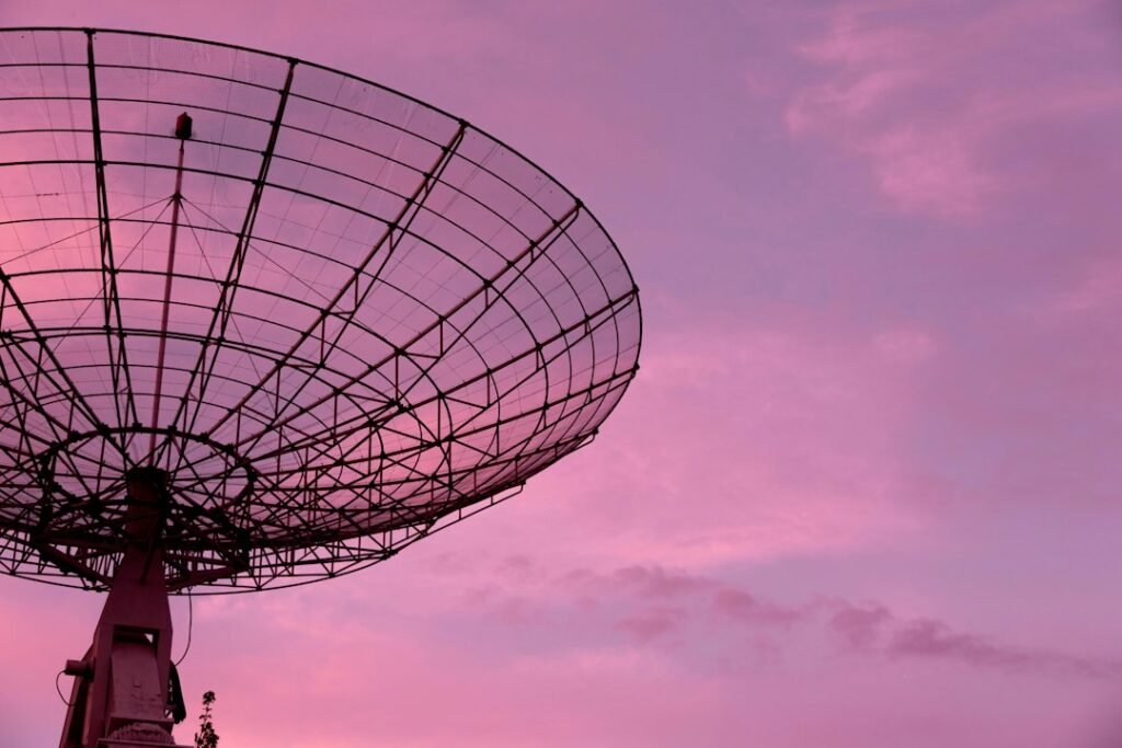 Satellite dish against a blue sky, representing Starlink satellite communications in Ukraine